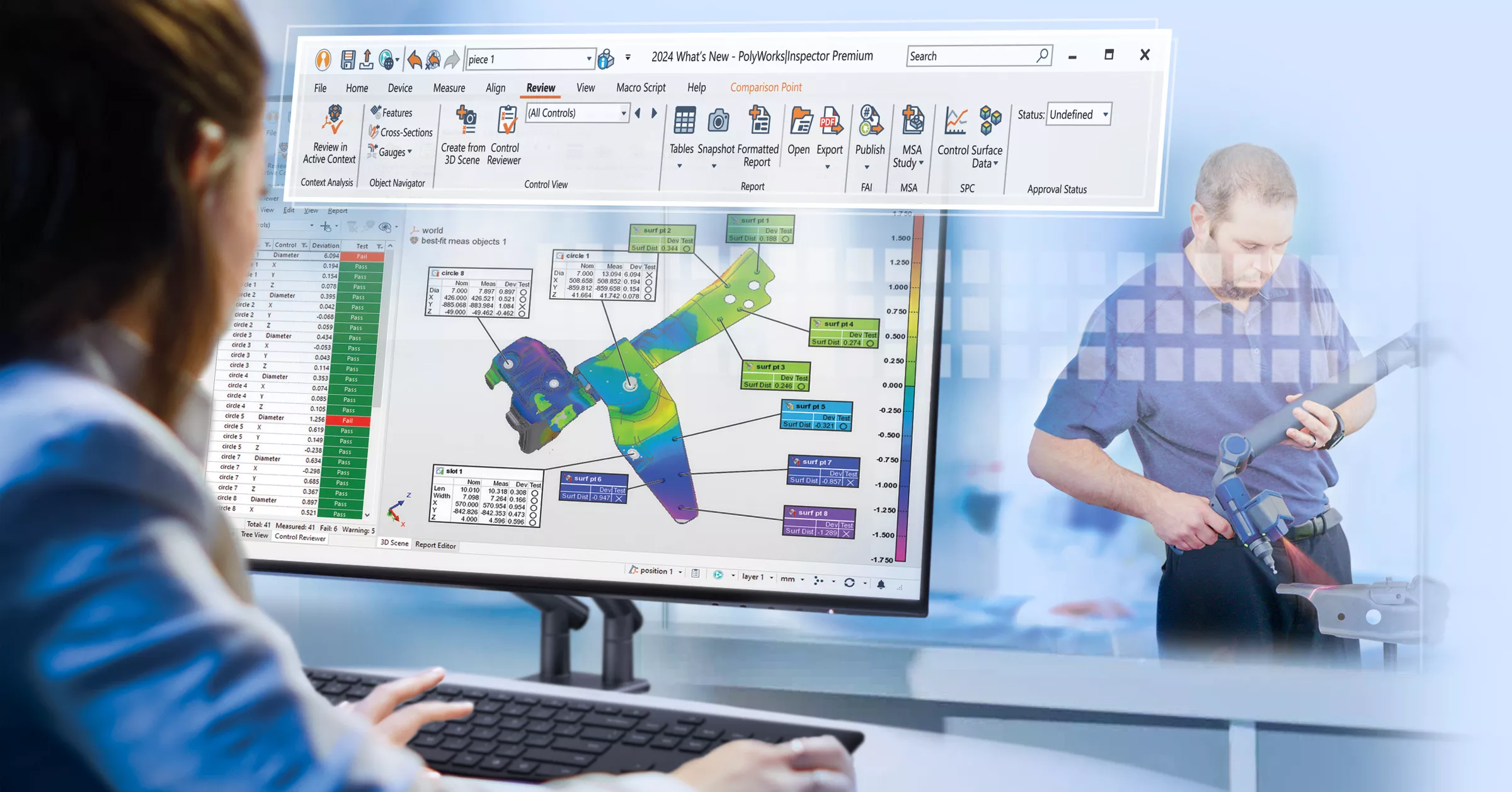 PolyWorks|Inspector 2024's ribbon menu, re-engineered interfaces, and on-screen contextual toolbars help users optimize their workflow.